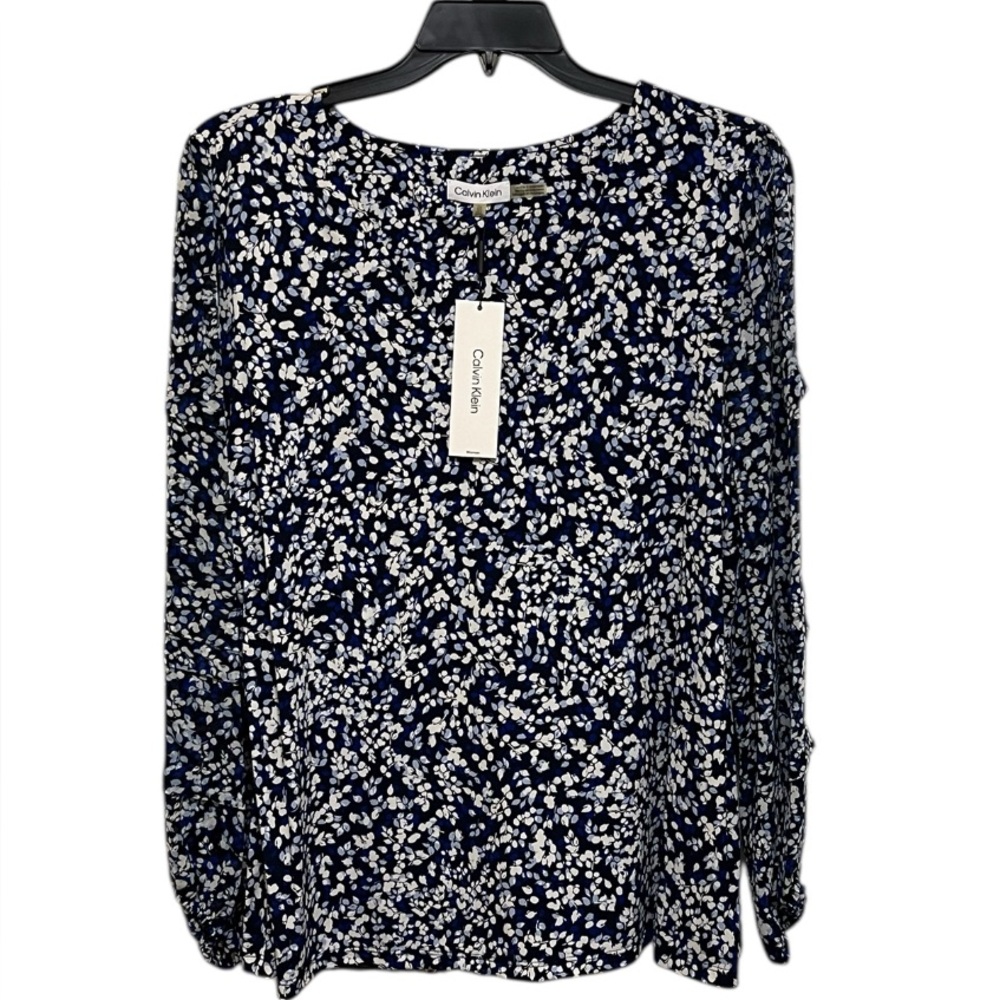 CALVIN KLEIN FLORAL BLOUSE V-NECK WATERFALL LONG SLEEVE COLOR BLUE/WHITE SIZE 2X